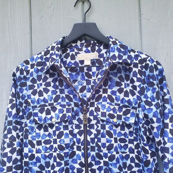 MICHAEL Michael Kors Blue White Abstract Print Full Zip Light Jacket Collared S - Picture 10 of 13